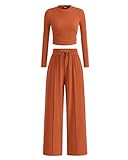 BTFBM Casual 2 Piece Sets For Women Fall Outfits Ribbed Knit Long Sleeve Crop Top Wide Leg Pants Matching Lounge Set(Solid Brick Red, Medium)