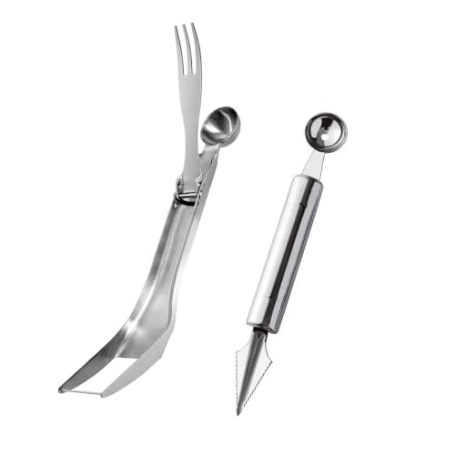 XFSRG 2 Piezas Cortador de Sandía 4 en 1 de Acero Inoxidable Cortador con Tenedor Bolas Corte Melón Bola y Tallado Multifunción Cuchillo Conjunto Verduras Fruta