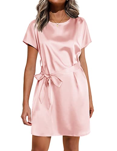Ekouaer Women's Satin Nightgown Short Sleeve Sleepshirt Scoop Neck Nightshirt Silk Sleepwear Casual Cover Up Dress With Belt Pink #TOP11
