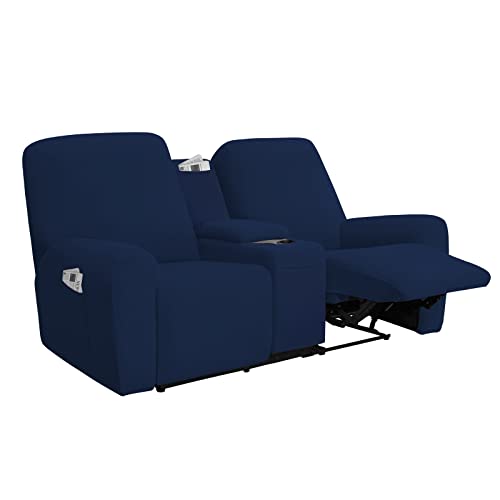 Image of Easy-Going Stretch Recliner Loveseat Cover with Center Console Sofa Slipcover Soft Fitted Fleece 2 Seats Couch with Cup Holder and Storage Washable Furniture Protector Navy
