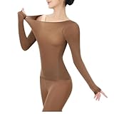 KAYEF Seamless elastic thermal underwear, women's round neck long-sleeved set, ultra-thin non-marking, skin-friendly and soft (L, Mocha)