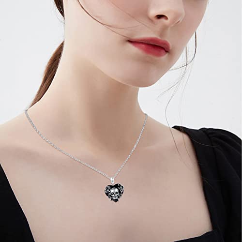 Skull Necklace 925 Sterling Silver Rose Skull Pendant with Austrian Black Heart Crystal Gothic Horror Jewelry Gift for Women Halloween Christmas Gifts4