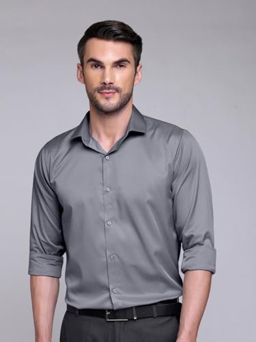 Image of IndoPrimo Men's Satin Shirt with Spread Collar Neck Line Solid Pattern Full Sleeves Regular Fit Western Style and Standard Length