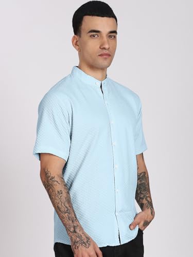 Image of Men's Regular Fit Solid Casual Shirt - Short Sleeve, Mandarin Collar, Lightweight Polyester, Stylish Everyday Wear