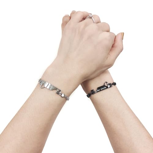 Image of 2 Couple Bracelets for men women, Love /Koi Fish /Gossip Jigsaw Puzzle Stainless Steel Heart-shaped Chain Adjustable Bracelet for Boyfriend Girlfriend Valentine's Day Gift Jewelry