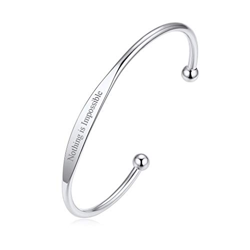 Custom4U Personalized Cuff Bracelets Custom Name Bangle Bracelet Inspirational Words Text Any Message Engraved Memory Jewelry Customized Gifts for Women BFF (Gift Box) 1.0-Silver Color