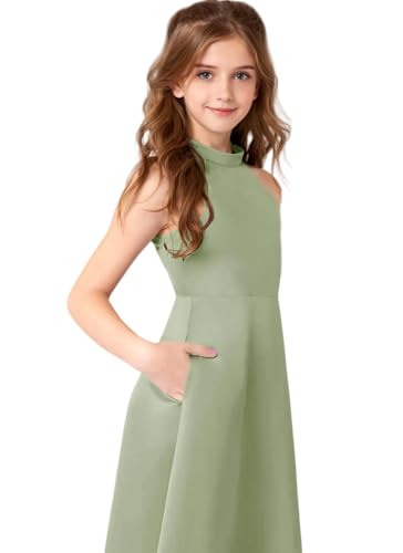 Satin Junior Bridesmaid Dresses for Wedding Halter Neck Formal Flower Girl Dress for Teens with Pocket2