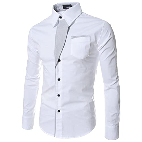 Mens Long Sleeve Stylish Dress Shirts Patchwork Casual Button Down Shirts Turn-Down Collar Shirt Top with Pockets (White,3X-Large)