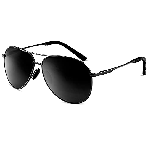 Aviator Sunglasses for Men Women Polarized Shades UV Protection, Ultra Sturdy Classic Police Sunglasses for Men, Pilot Sunglasses Men (Black Frame Black Lens)