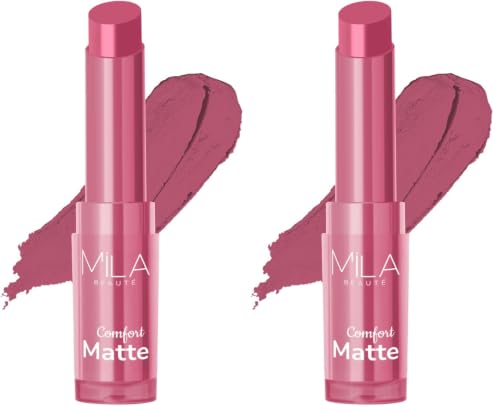 Image of Mila Beaute Creamy Comfort Matte Long-Lasting Lipstick for Women | Highly Pigmented & Hydrating Lipstick with Jojoba | Single Swipe Application | Suitable for Indian Skin Tones - SOFT PINK (Pack of 2)