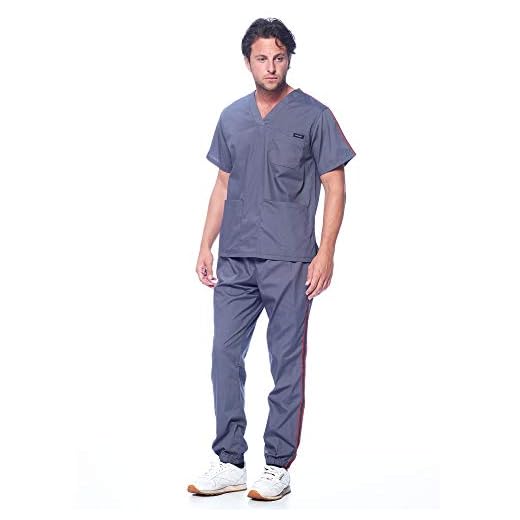 Dagacci Medical Uniform Unisex Men and Women V-Neck Athletic Trim Cotton Jogger Scrub Set, Pewter Grey, 2XL