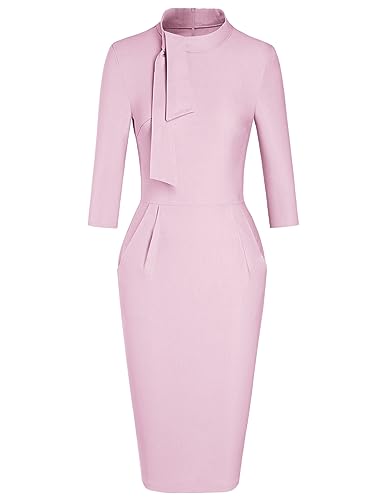 Image of MUXXN Women's Midi Pencil 1950s Vintage Cocktail 3 /4 Sleeve Tie Neck Bodycon Mid-Calf Dress with Pockets