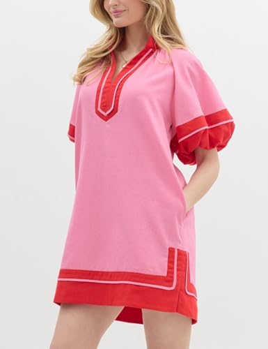 Image of Esmeling Women's Color Block Pullover Dress V-Neck Puff Sleeve Dress Mini Shirt Dress with Pockets