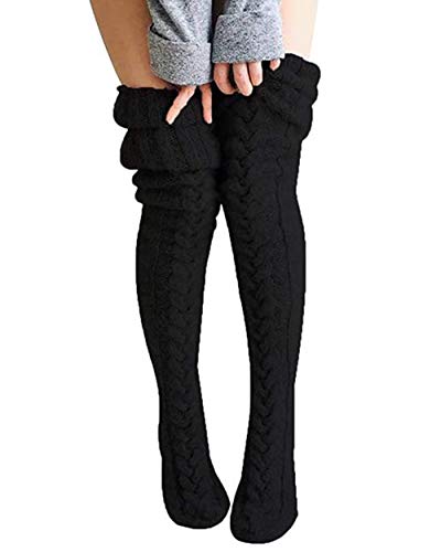 Women's Leg Warmers Cable knitted Thigh High Socks Solid Color Over knee Stockings Autumn and Winter (Black)