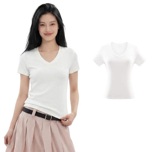 [ZOEMAKE] Tシャツ レディース フレンチスリーブ 半袖 夏服 丸首 Vネックデザイン 小顔効果 細身 着痩せ効果 吸汗速乾 通気性 人気 おしゃれ 通勤 カジュアル 伸縮性 無地 柔らか (JP, アルファベット, M, ホワイト)