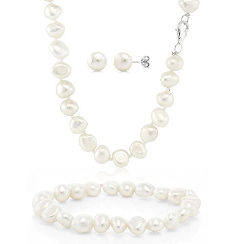 Gem Stone King Cultured Freshwater White Pearl 925 Sterling Silver Necklace Earrings Bracelet Set For Women