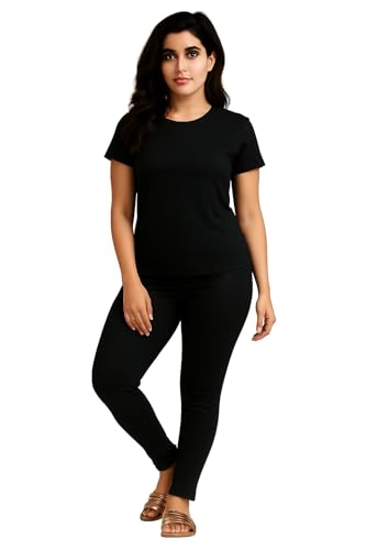Image of Women's Black Cotton Leggings - Ankle Length | Soft Stretchable Fabric | Comfortable & Breathable Legging for Women & Girls