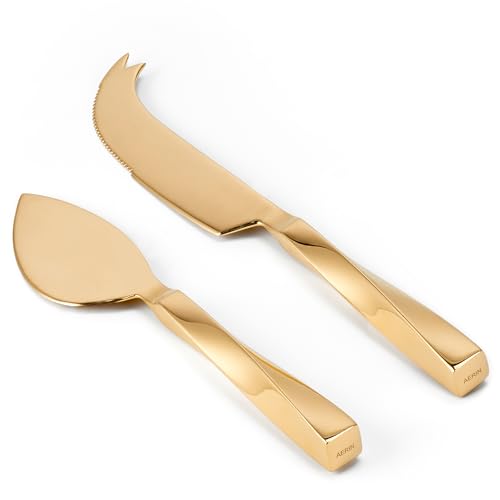 AERIN Leon 2-Piece Gold Cheese Knife Set, Brass Plated Stainless Steel