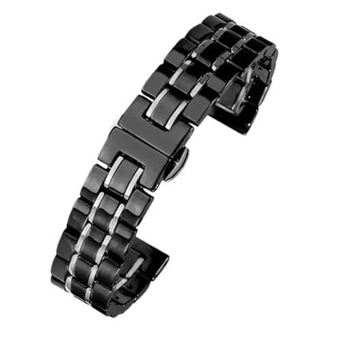 Correa de reloj de cerámica, cierre plegable de acero inoxidable, pulsera de repuesto de liberación rápida(Black- silver,20mm)