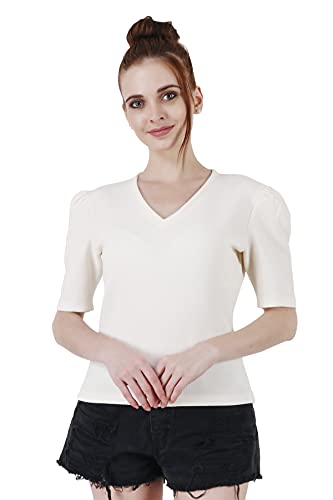 Image of POPWINGS Casual Solid Puff-Sleeves Crop Top for Women || V-Neck Crop Top for Women || Half-Sleeves Summer Crop Top for Women || Crop Tops for Women Fancy Crop Top for Women