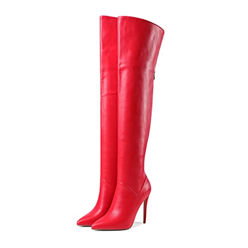 UP2STEP Women Vintage Over The Knee Stiletto High Heel Boot Pointed Toe Back Zipper Thigh High Boots Solid