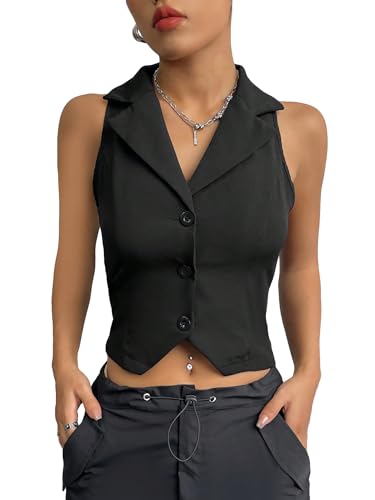 SweatyRocks Women's Solid Lapel Neck Button Front Crop Vest Jacket Waistcoat Sleeveless Blazer