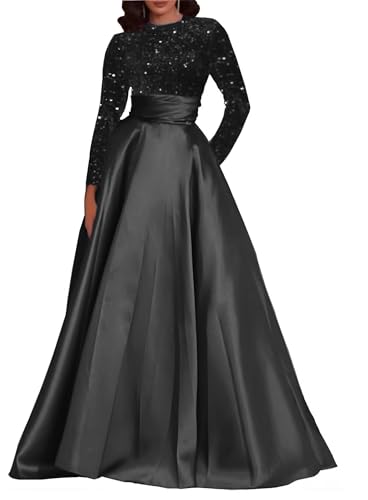 Sequin Prom Dresses Long Ball Gown Long Sleeve Satin Evening Party Gown Round Neck Formal Dresses