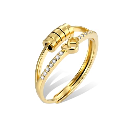 ALEXCRAFT Gold Rings for Women Men, Anxiety Rings 14K Gold Plated Sterling Silver Heart Ring with Zirconia Spinner Bead Stress Relief Ring, Stackable Adjustable Thumb Finger Ring Gold Unisex Rings