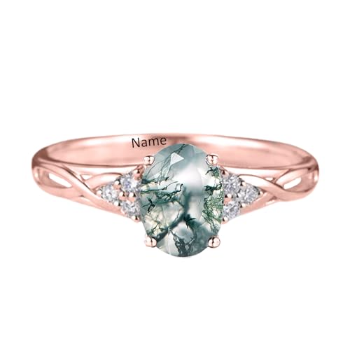 Natural Moss Agate Ring for Women Solid 925 Sterling Silver Salt and Pepper Diamond Ring with Moissanite, Engraved Name Wedding Bands for Her4