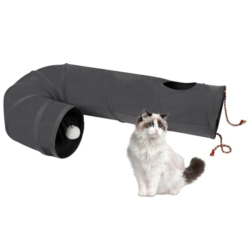 Image of Cat Tunnel, 2-Way Collapsible Cat Tube with Interactive Peek-A-Boo Hole, Toy Ball, and Rope - Ideal for Indoor Cats, Kittens, and Rabbits (Dark Gray)