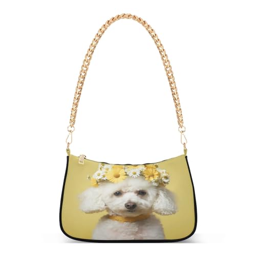 Shoulder Bags for Women White Poodle with Flower Crown Hobo Tote Handbag Small Clutch Purse with Zipper Closure