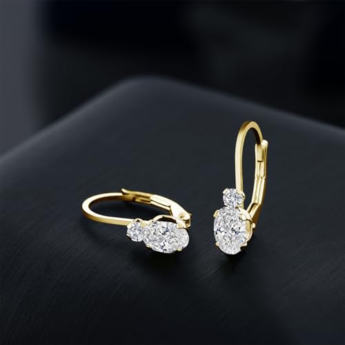Gem Stone King 14K Gold White Lab Grown Diamond Leverback Earrings For Women | 0.86 Cttw | Oval 6X4MM and Round 2MM | DEF Color | VVS-VS Clarity | 3/4 Inch4