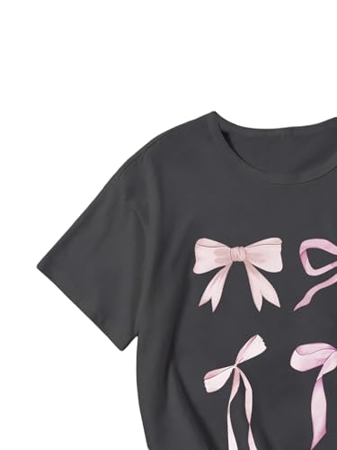 Image of Girl's Bow Graphic Tees Crew Neck Short Sleeve Summer T Shirts Preppy Cute Clothes for Girls