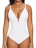 SHAPERIN Sexy Deep V Neck Plunge Bodysuit for Women Tummy Control Body Suit Low Back Shapewear Thong Backless Body Shaper White L