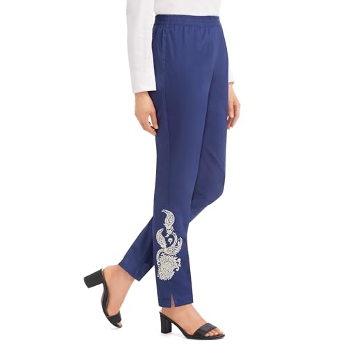 Collections Etc Women's Lurex Embroidered Pull-On Elasticized Waist Pants Navy Large