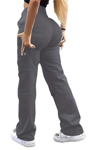 Women's Cargo Pants Jeans High Waisted Baggy Y2K Stretchy Wide Leg Straight Casual Pants Streetwear with 6 Pockets
