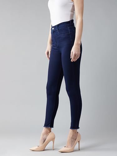 Image of Miss Chase Women's Skinny High Rise Cropped Fringed Hemline Detailing Stretchable Denim Jeans