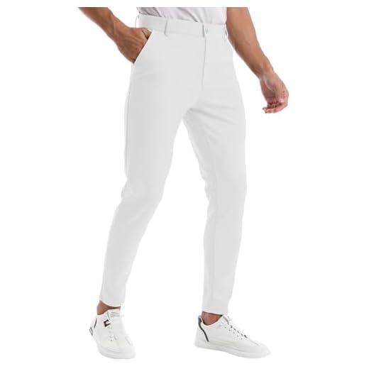 CANGHPGIN Calça social masculina elástica slim fit frente lisa calça casual afunilada, Branco, G