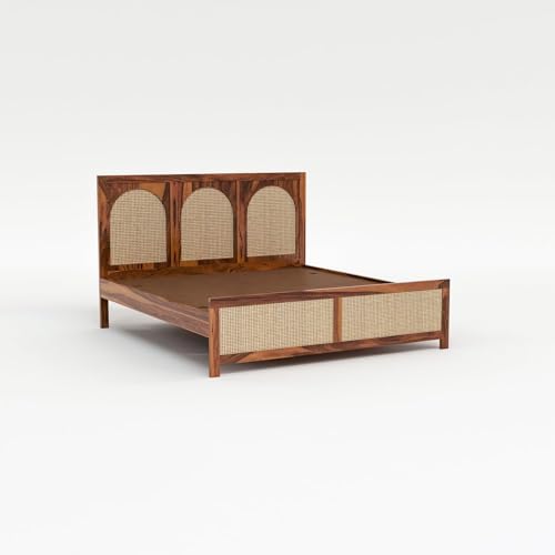 Image of Solid Sheesham Wood Queen Size Bed Without Storage for Bedroom Living Room | Wooden Double Bed Cot for Home Hotel | (Honey Finish-3 Round, Queen Size)
