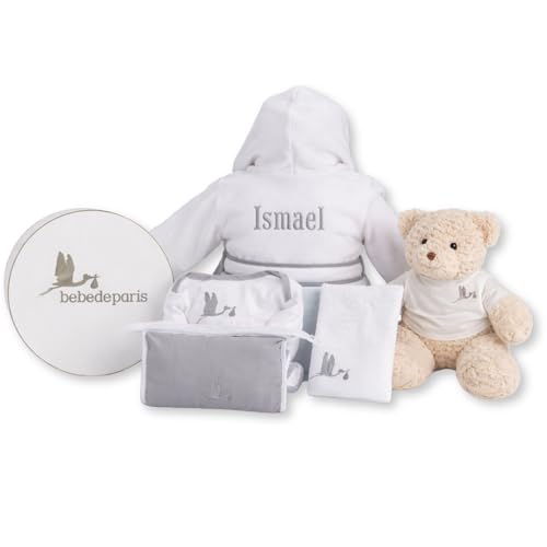 BebeDeParis Canastilla Bebé Recién Nacido Personalizada | Cesta Bebé Niño Niña | Albornoz con el Nombre Bordado | Body | Neceser | Funda | Muselina y Oso de Peluche | 3 a 18 Meses (Neutro)