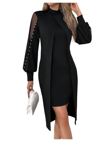 Image of WDIRARA Women's Pearls Beaded Mesh High Waist Dress Mock Neck Long Sleeve Bodycon Midi Dresses