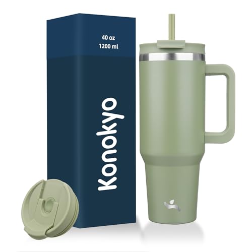 Reviews de Color Verde Militar los mejores 5. 46 Konokyo - Vaso de 40 onzas con asa y 2 pajitas, tapa 2 en 1, botella de agua aislada de acero inoxidable, taza de café de viaje, color verde militar