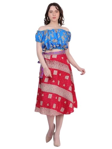 Sari Silk Wrap Skirt Stunning Mini, Maxi Wrap Styles in Regular Skirt (US, Alpha, One Size, Regular, Regular, 47 INCHE WAIST-30 INCHES Long, Set of 5Pc Assorted Colors & Designs)