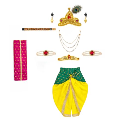 Image of ITSMYCOSTUME Krishna Dress for Baby Boy Kids Set of 10(Dhoti,Patka,Hip Cover,Mukut,Morpankh,Bansuri,Kamarband,Bajuband,Kundal) Little Krishna Ji Kanha Janmasthmi Costume for Kids