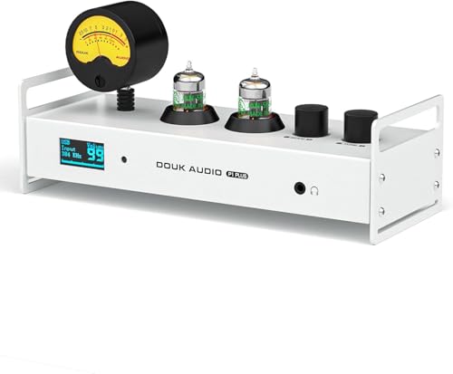 Douk Audio 2-Kanal Bluetooth Vakuumröhren Vorverstärker, Hi-Fi Kopfhörer-Verstärker, USB-DAC PC-Soundkarte, Drahtloser Empfänger Audio Preamp mit VU-Meter, Optisch, Koaxial, APTX, LDAC, DSD256, Fernbe