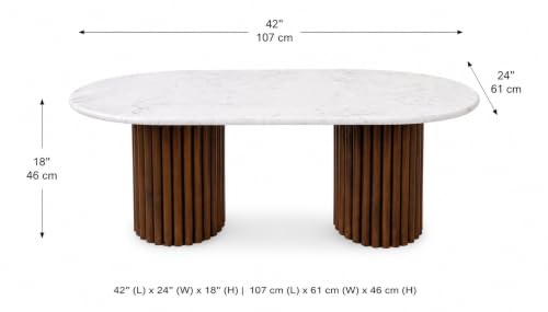 Image of WOODEN SPACE Siena Marble Top Center Table | Modern Oval Coffee Table with Fluted Wooden Base | Luxury Living Room Table
