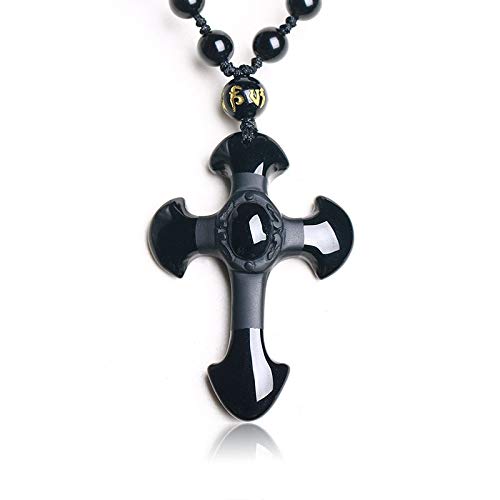 Colgante de obsidiana natural cruz amuleto protector contra estrés con cadena cuentas unisex