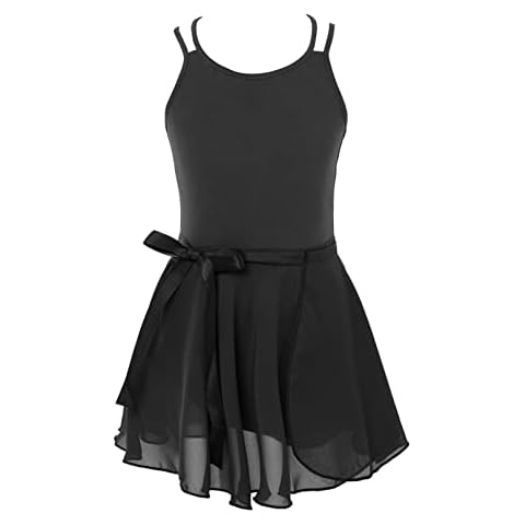 FEESHOW Mädchen Ballettkleid Spaghettiträger Ballett Body Tanzkleid Asymmetrische Rock Gymnastik Tanzkleidung Schwarz_B 134-140/9-10 Jahre Cover