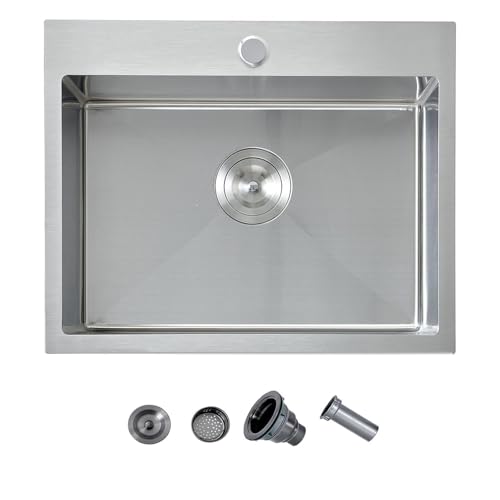 Image of 20 x 16 Drop In Kitchen Sink, Stainless Steel Top Mount Drop In Single Bowl Bar Wet Prep RV Outdoor Kitchen Sink 16 Gauge Brushed Nickel
