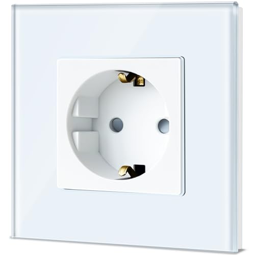 TAWOIA Schuko Steckdose, EU-Standard 1 Fach Glas Unterputz Steckdose 16Amp 250 V, Wandsteckdose mit Kristallglasplatte Weiß 86×86mm